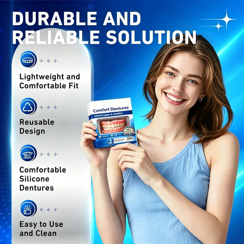 Flexible Silicone Dentures Full Set - Realistic Upper & Lower Fake Teeth Kit, Comfort Fit