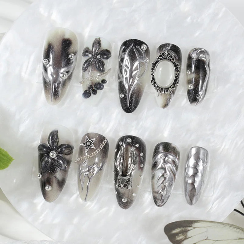 24Pcs Black Gothic Press On Nails Medium Almond Fake Nails with 3D Flowers & Gradient Designs