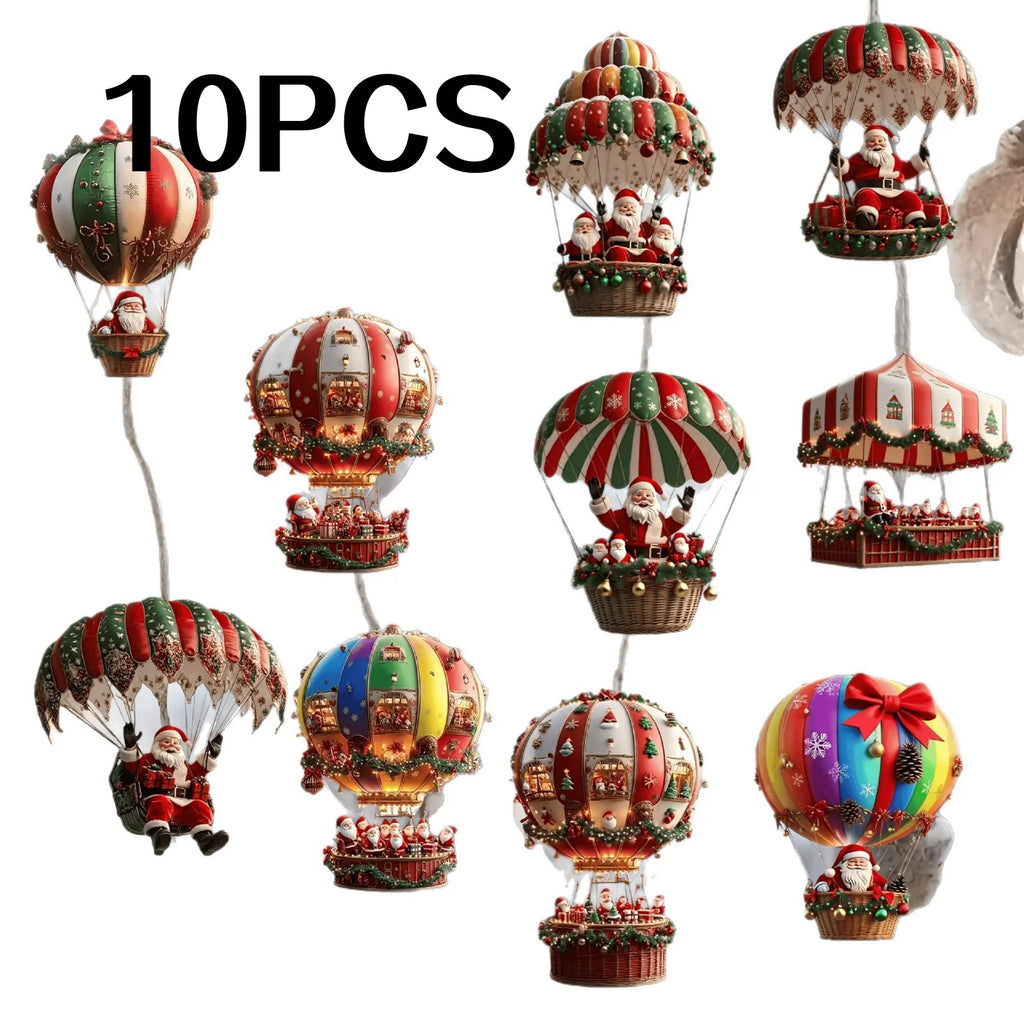 Set of 10 Santa Claus Parachute Wooden Hanging Ornaments Holiday Decorations