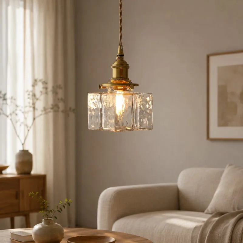 Japanese Retro Glass Pendant Light with Copper Finish for Bedroom Dining Room Study Hotel