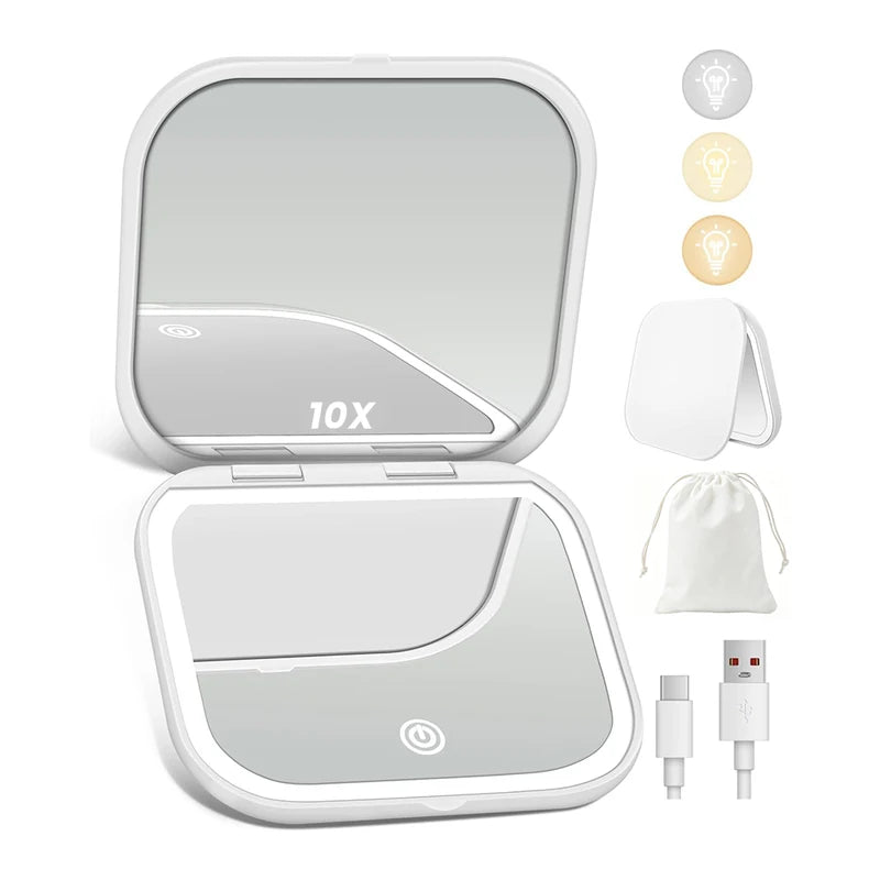 Makeup Mirror with Lights 1X/10X Magnification Portable Foldable Travel Lighted Mirror