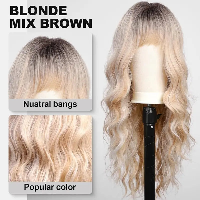 Long Blonde Ombre Wavy Synthetic Wig with Bangs for Women - Heat Resistant Cosplay & Daily Wear
