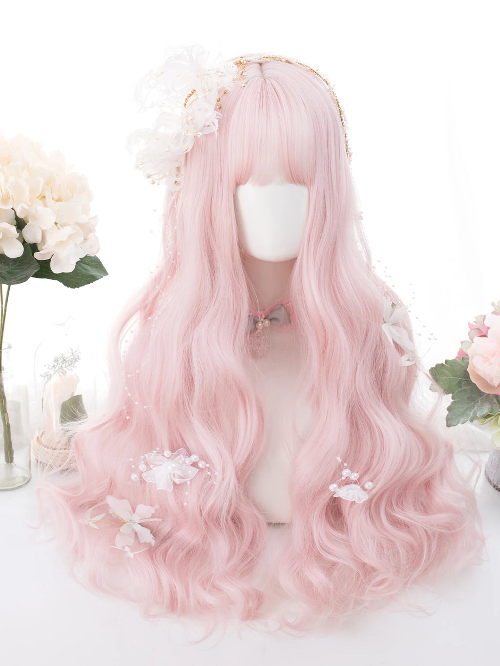 Long Peach Pink Synthetic Wigs with Bangs for Women - Heat Resistant & Wavy, 26 Inch