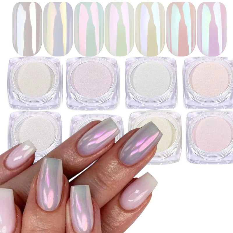 7 Colors Nail Powder Set - Holographic Mirror & Pearlescent Chrome Dust