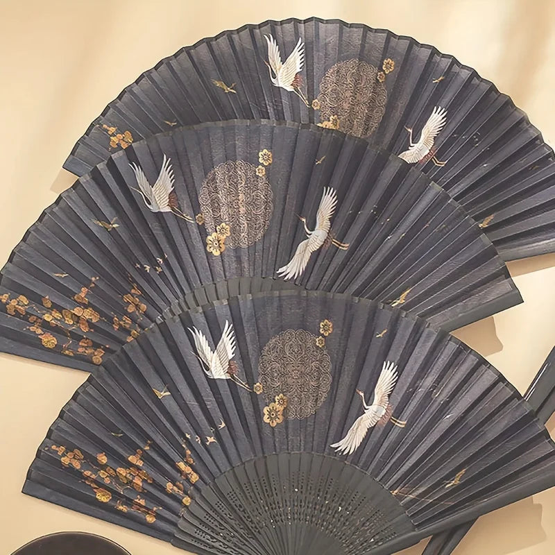 Vintage Chinese Hand Fan with Cranes Pattern Folding Fan for Travel & Performances