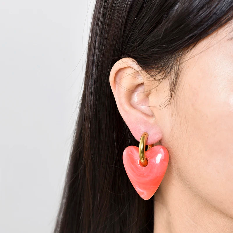 Vintage Heart Pendant Hoop Earrings for Women Gold Silver Acrylic Resin Jewelry