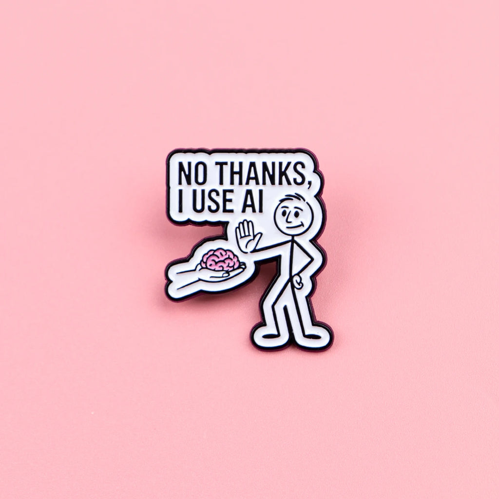 Funny AI No Thanks Enamel Lapel Pin - Brain Stick Figure Brooch for Denim & Backpack