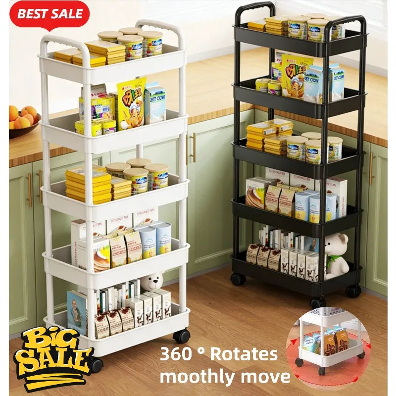 5-Tier Mobile Kitchen Storage Shelf - Slim Rolling Trolley for Snacks & Fruits
