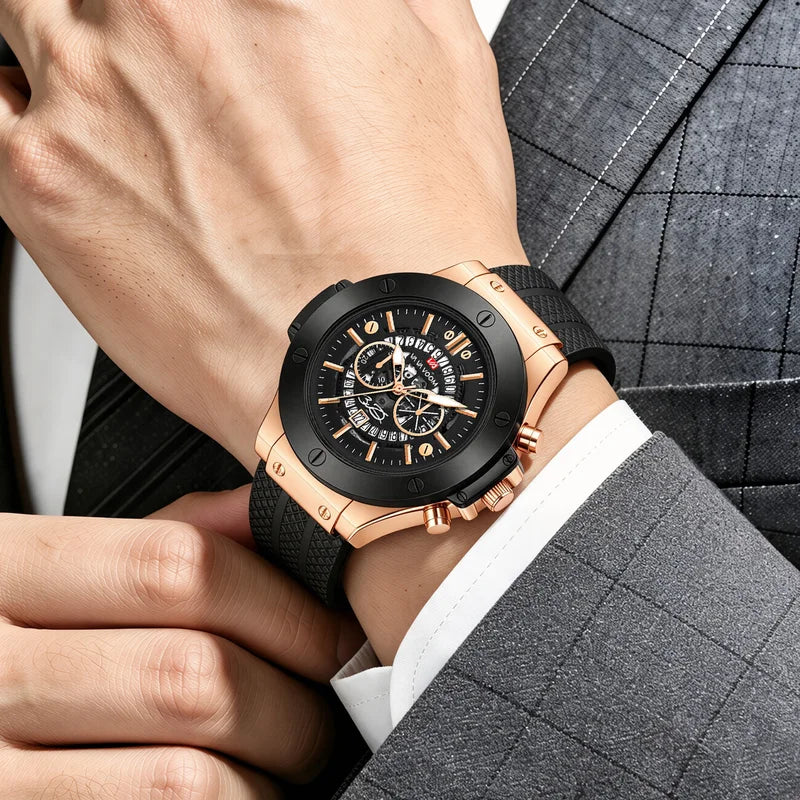 Men's Large Silicone Sport Watch 46mm Hollow Dial Rose Gold Military Style Quartz