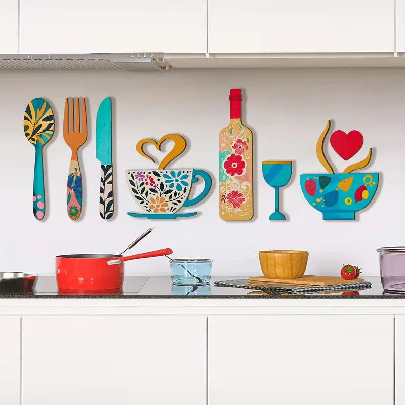 7-Piece Wooden Wall Decor Set with Fork, Cup & Wine Glass Patterns for Kitchen