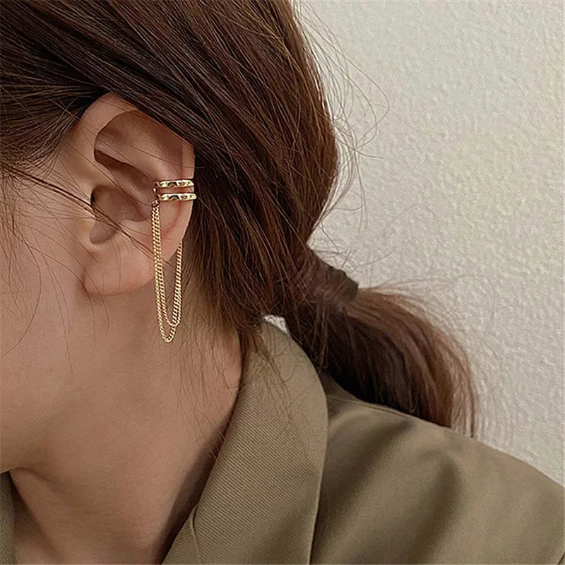 Silver Color Crystal Tassel Non-Piercing Cuff Ear Clip Earrings for Women