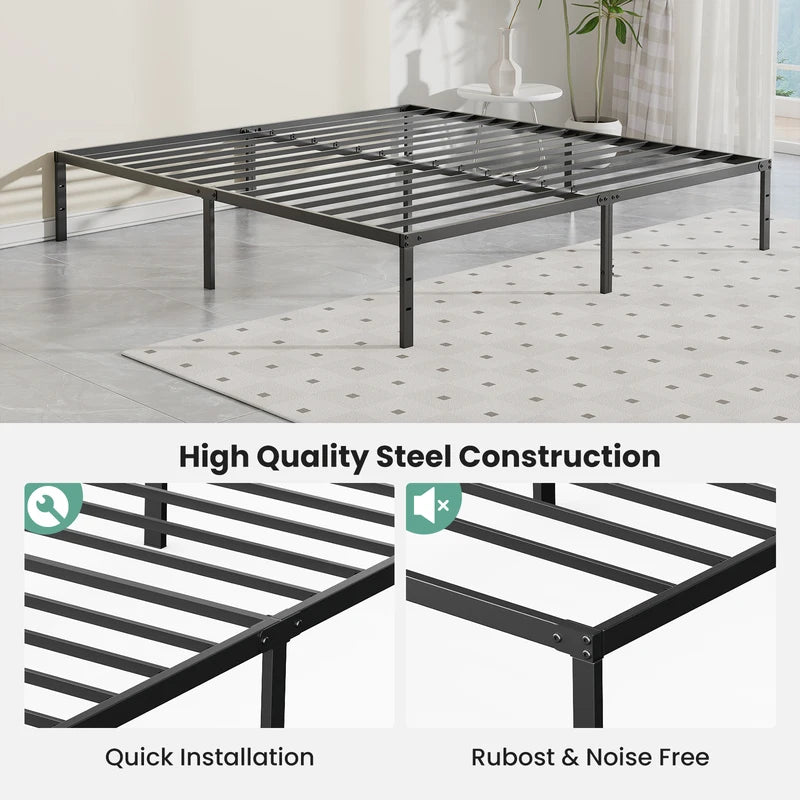 Metal Bed Frame with Storage Space - Twin to King Size, Sturdy Steel Slats