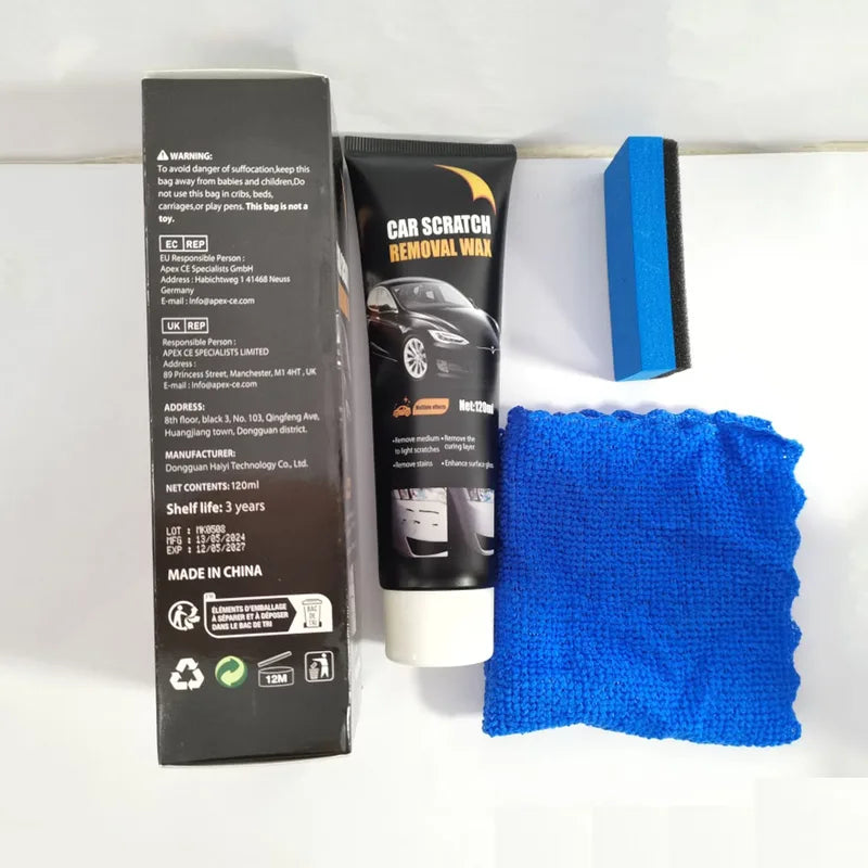 Car Scratch Removal Wax Kit - 120ml Auto Paint Polish with Sponge & Microfiber Towel