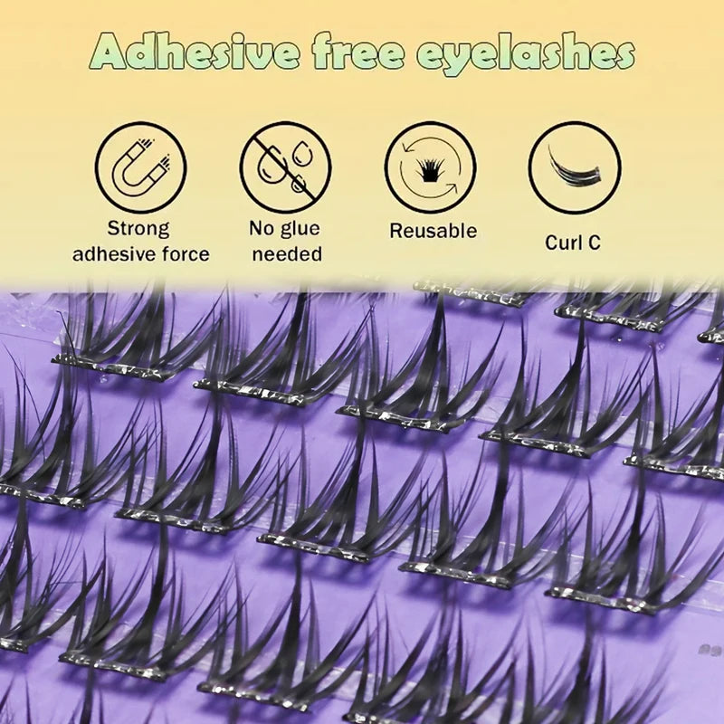 Pre-Glued Self-Adhesive Eyelash Clusters - Cat Eye Style 12mm C Curl, No Residue, Beginner Friendly