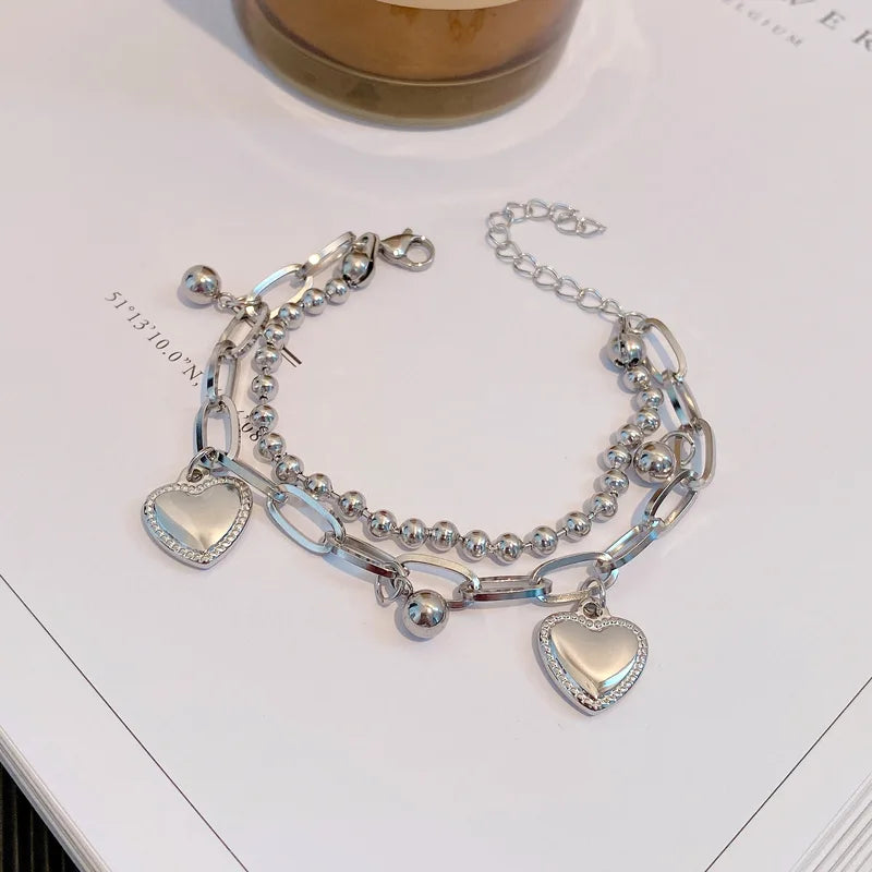 Korean Heart Tassel Bracelets for Women Double-Layer Beaded Chain Jewelry Gift