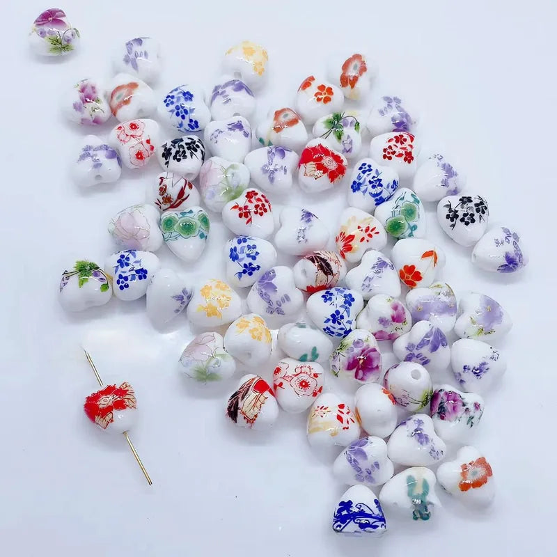 Ceramic Heart Shape Flower Pattern Beads for Jewelry Making 12mm 10pcs