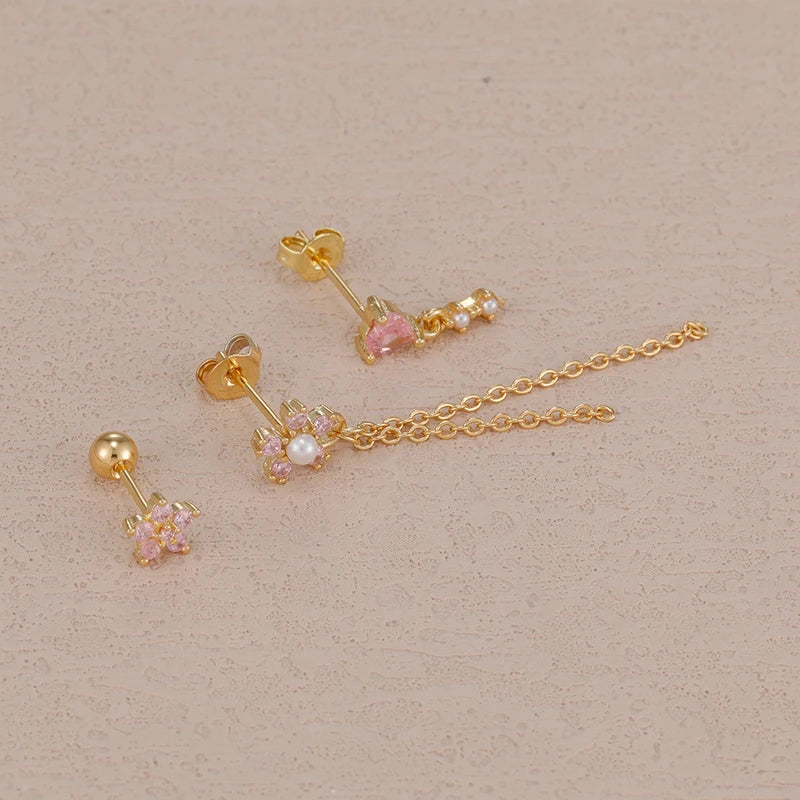 3-Piece Stainless Steel Flower Tassel Earrings Set with Heart-Shaped Pendants for Women