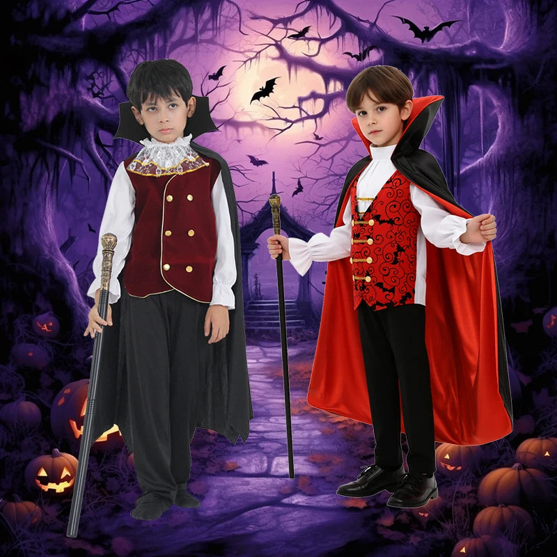 Kids Vampire Cosplay Costume Set with Walking Cane and False Teeth - Halloween Carnival