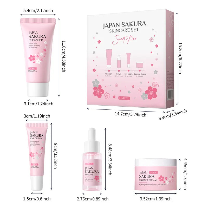 Sakura Skin Care Set with Cleanser, Serum, Eye Cream, Face & Essence Cream - Gift for Women