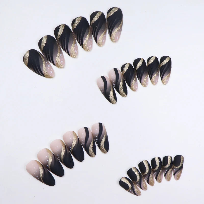 Medium Almond Black Press On Nails 24-Pack - Shimmering Ballerina Style