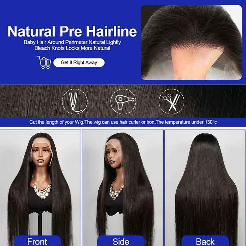 Long Human Hair Wigs 40 Inch Bone Straight HD Transparent Lace Front Wig for Women