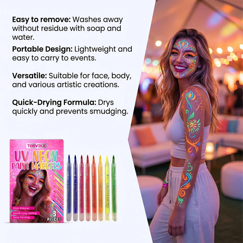 UV Luminous Face & Body Painting Pen for Parties & Concerts - Washable Neon Makeup