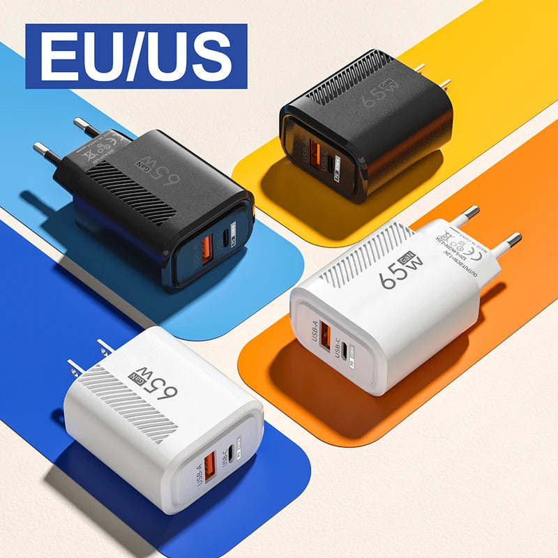 65W GaN Fast USB Type C Wall Charger PD 3.0 Quick Charge Phone Adapter US/EU Plug