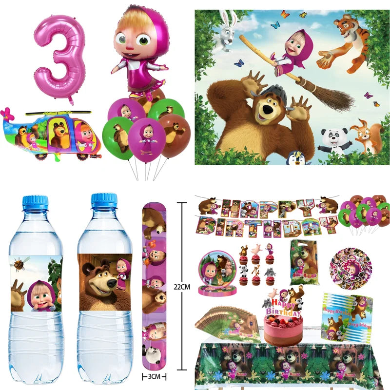 Masha and the Bear Birthday Party Decoration Kit with Balloons and Backdrop - Girls Cartoon Theme, Disposable Tableware, All Variants