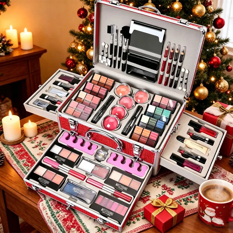 All-in-One Makeup Set with 106 Shades & Tools - Gift Box for Beginners & Teens (Red)