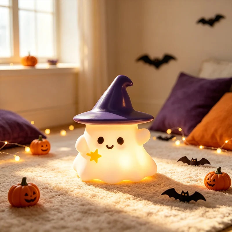 Halloween LED Ghost Witch Hat Pumpkin Night Light - Colorful Silicone Decor