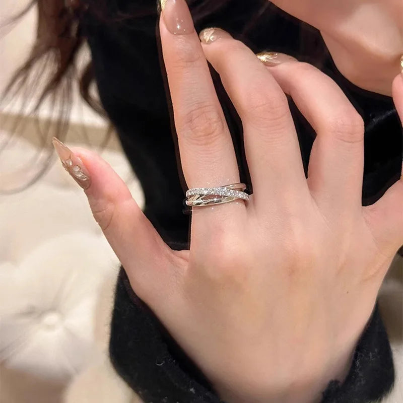 Sterling Silver Layered Cross Ring for Women Zircon Jewelry Gift