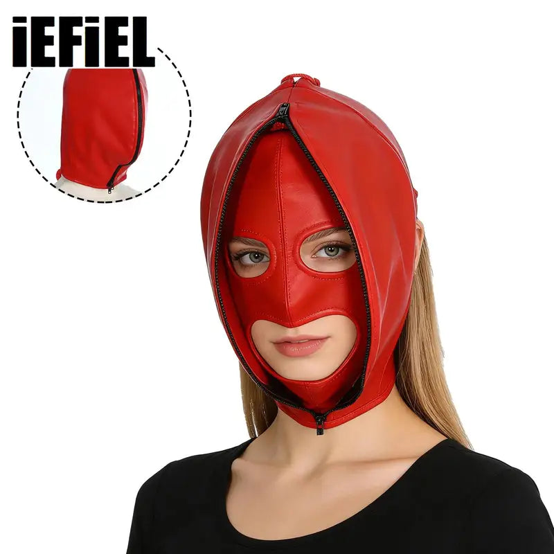 Full Face Leather Mask with Zipper & Lace-Up Adjustable Headgear for Cosplay & Parties