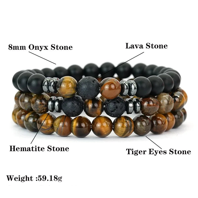 Men's Natural Tiger Eye Lava Rock Beaded Bracelet Set - Stress Relief Yoga Accessory