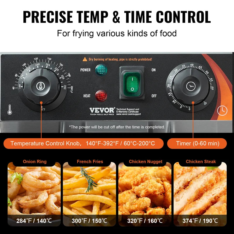 Commercial Electric Deep Fryer with Basket, Stainless Steel, Time & Temp Control
