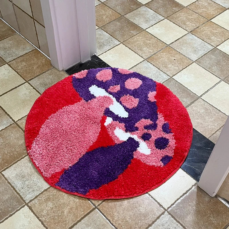 Red Psychedelic Mushroom Tufted Rug Anti-Slip Trippy Bedroom Handmade Carpet