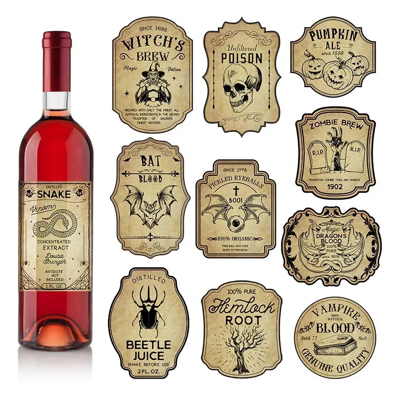 12-Pack Halloween Potion Wine Bottle Labels - Spooky Apothecary Stickers for Haunted House Decor