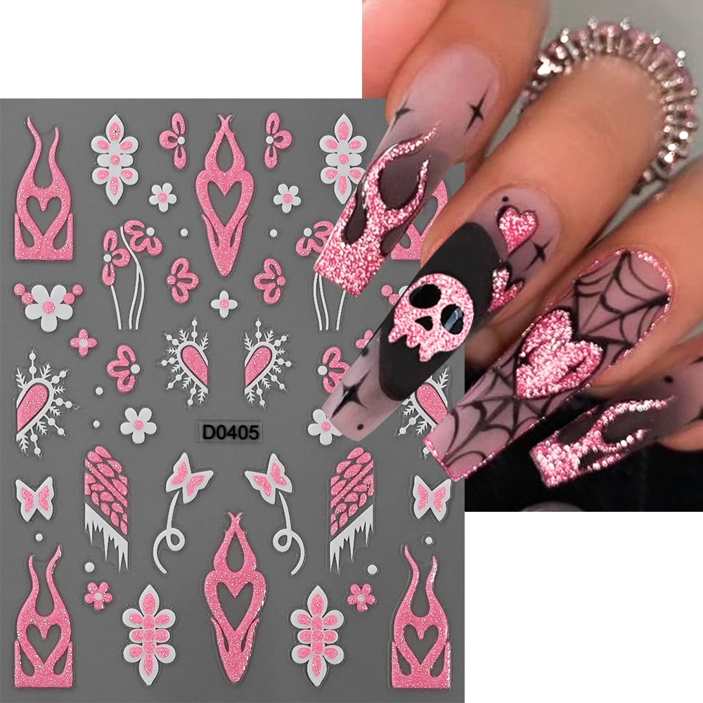 Halloween Skull Nail Stickers Glitter Powder 3D Nail Art Decals for Manicure
