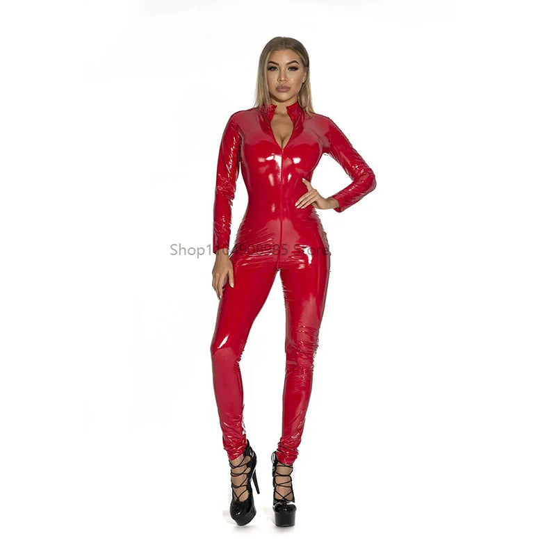 Latex Bodysuit for Women Open Crotch Zipper PVC Catsuit Nightclub Party Wear