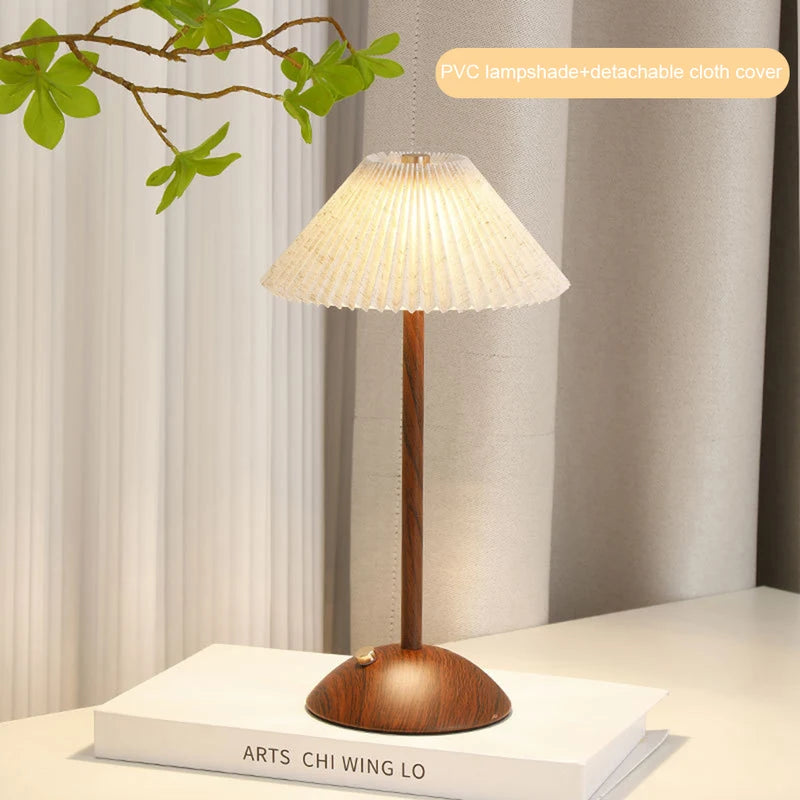 Portable LED Desk Lamp with Wooden Base and Fabric Shade - Rechargeable, Dimmable, Touch Control - Home Office Bedside