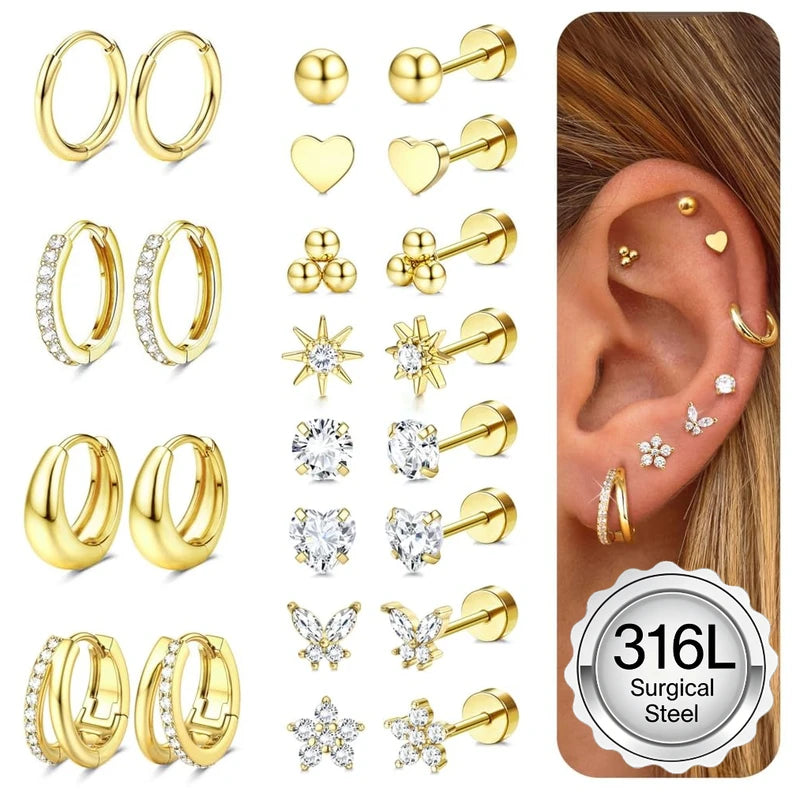 Flat Back Earrings for Women Surgical Steel Cartilage & Tragus Piercings
