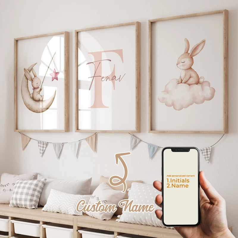 Personalized Cartoon Rabbit Wall Art Canvas Poster for Kids Room Decor