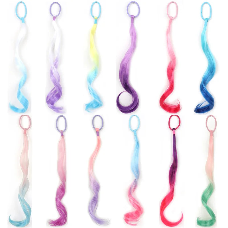 Lightweight 14-Inch Colored Synthetic Hair Extensions for Kids with Ponytail Elastic Tie