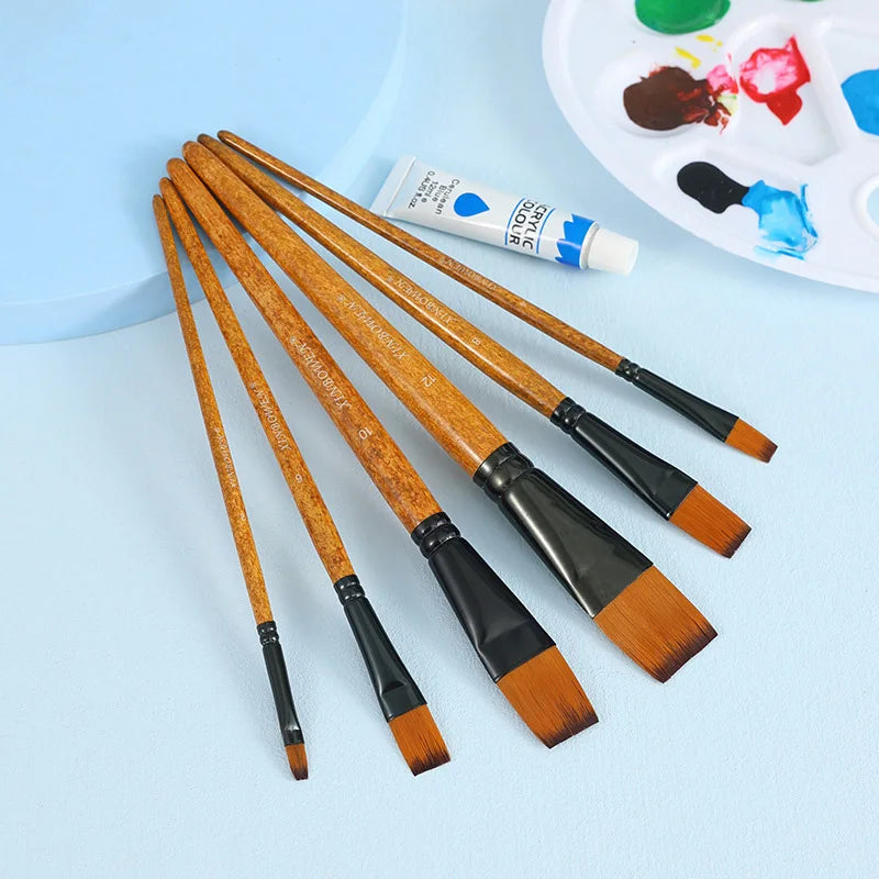 Flat Paint Brush Set for Oil Watercolor Acrylic Art Supplies - Wooden Handle Nylon Hair