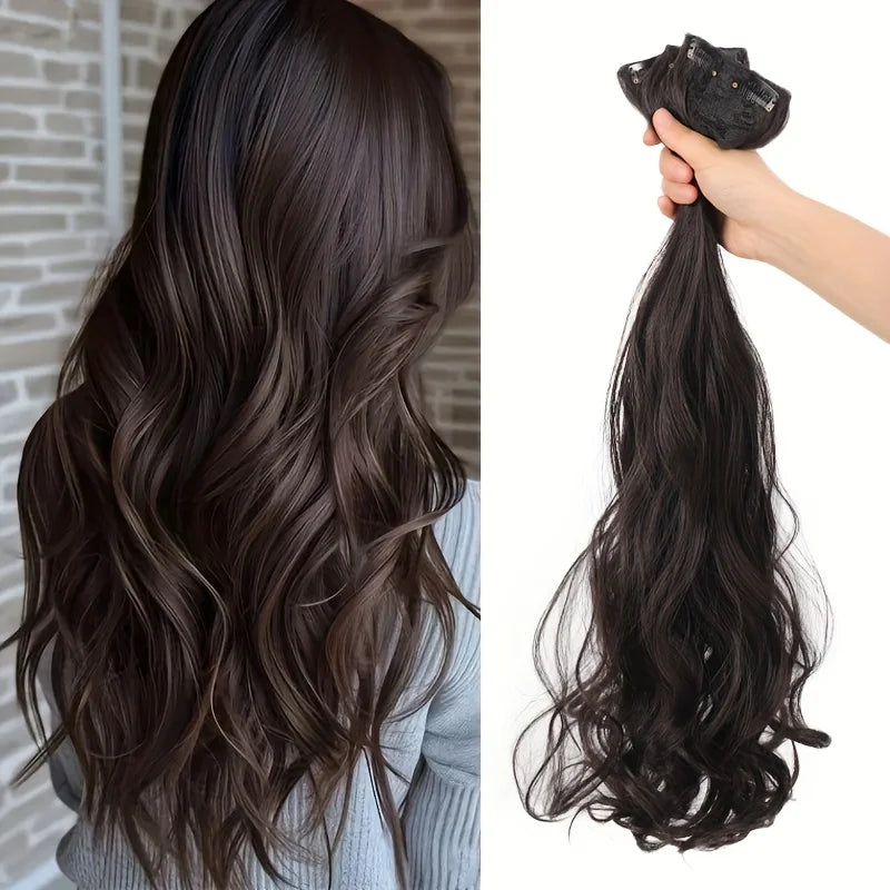 Synthetic Women's Wavy Hair Extensions Set with Invisible Clips - Heat-Resistant Wig Accessories