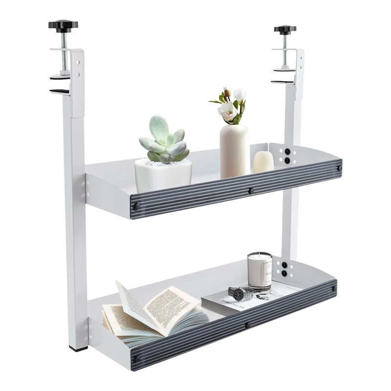 Clamp-On 2-Tier Desk Shelf Organizer - White, Adjustable for Tables and Desks