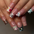 24Pcs Press On Nails Set - Punk Vine Striped Pink Black French Polka Dots