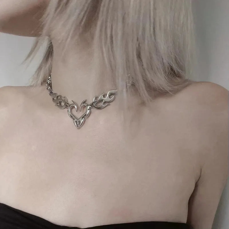 Y2K Punk Silver Hollow Flame Heart Pendant Jewelry for Women