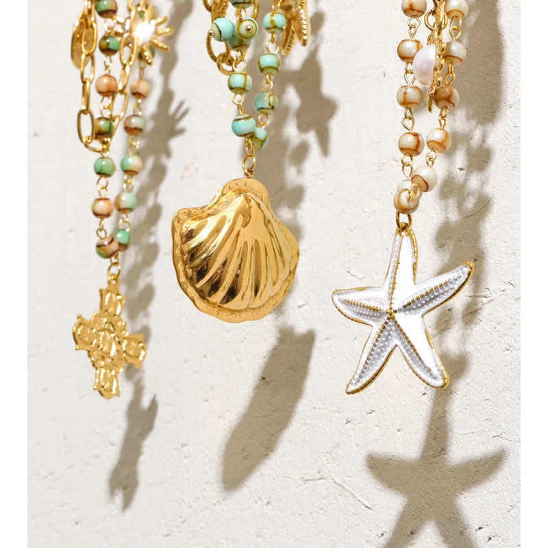 Ocean Series Glass Beads Chain Layered Necklace with Shell Starfish Drop Charm Summer Jewelry
