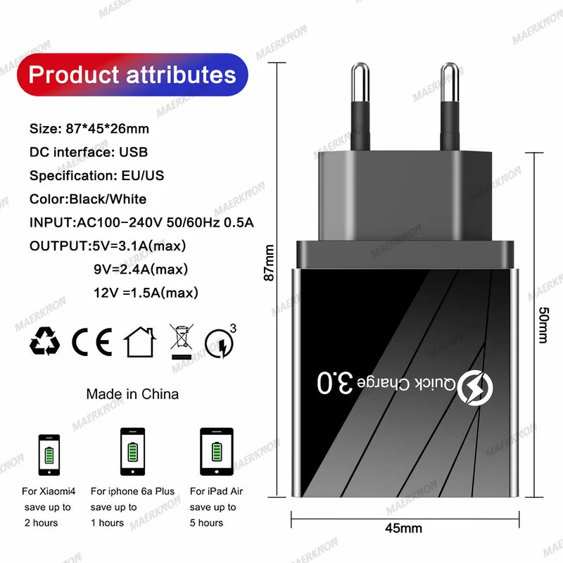 4-Port USB Charger Fast Charging Adapter with Quick Charge 3.0 EU US Plug