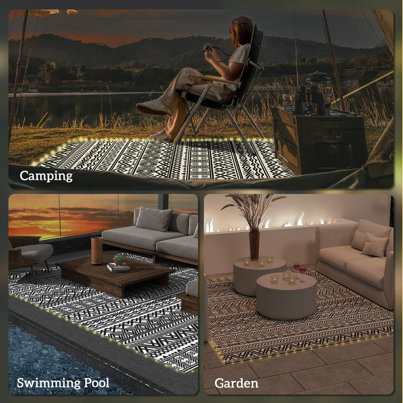 Outdoor Rug with USB LED Lights 12x9 ft Reversible Waterproof Patio Carpet